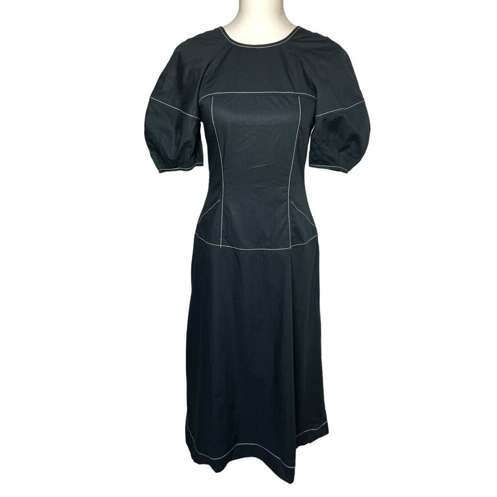 Madewell Dress Women Size 0 Black Puff-Sleeve Drop-Waist Midi 100% Cotton Dress